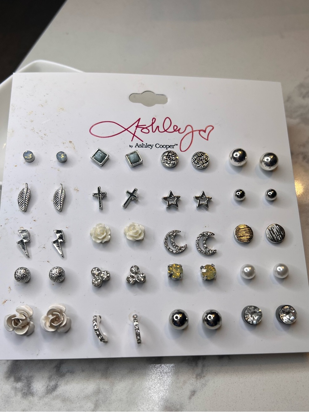 Ashley Cooper Silver and White 20 Pair Stud Earring Set
